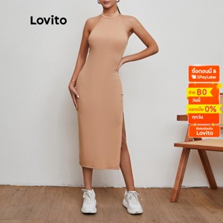 Lovito ชุดเดรส ผ่าข้าง เรียบง่าย L20D113 (สีน้ําตาลอูฐ)