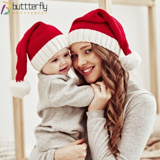 Buttterfly หมวกถักนิตติ้ง สีแดง ปอมปอม สําหรับแม่ และลูก เหมาะกับงานปาร์ตี้คริสต์มาส