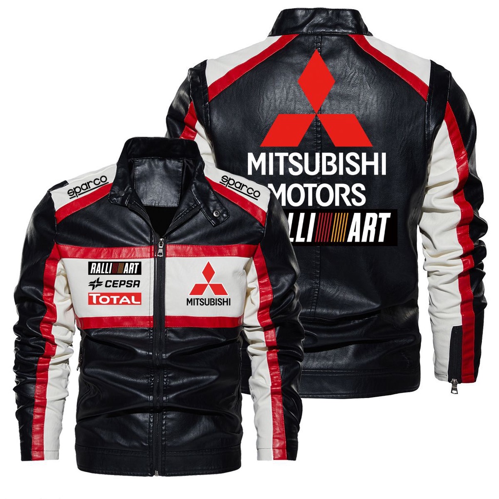 Mitsubishi Contrast Color Leather Jacket Mitsubishi F1 Racing Print Retro Washed pu Leather Jacket เ