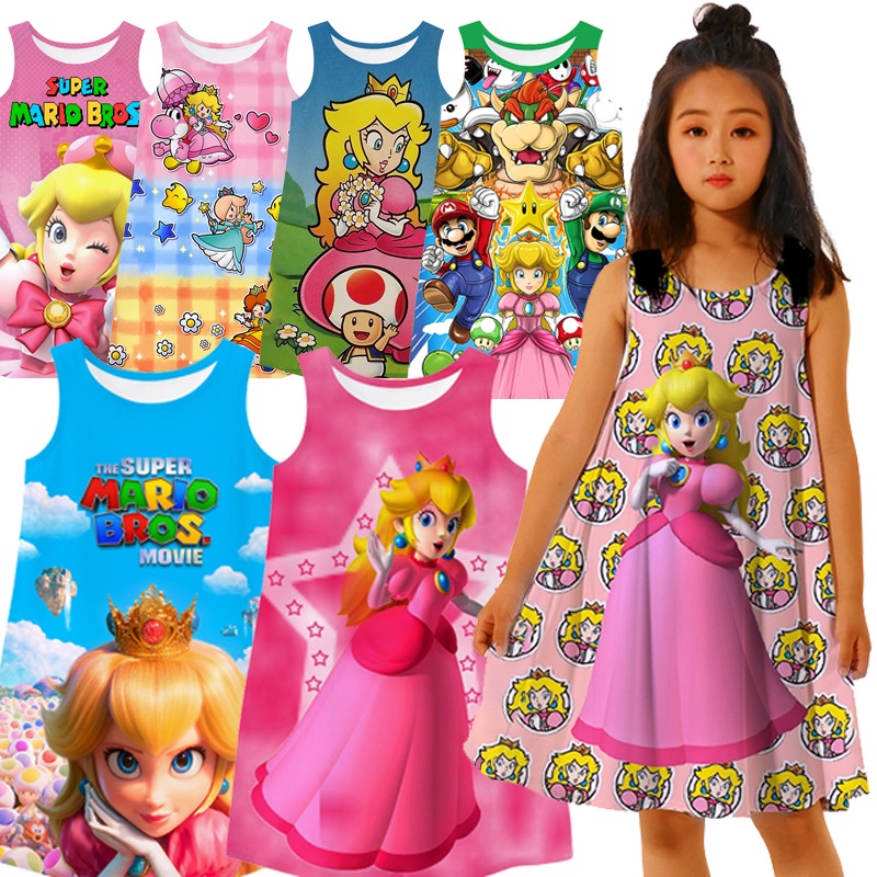 Super Princess Peach MARIO Dress สําหรับสาวการ์ตูนแอนิเมชั่นการพิมพ์เด็กน่ารัก Unico