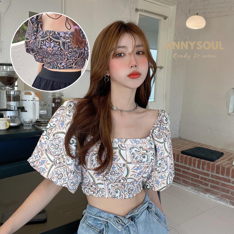 เสื้อคอปกสี่เหลี่ยม เสื้อครอปแขนพอง สไตล์เกาหลีวินเทจเเฟชั่น เสื้อครอปปาดไหล่วินเทจ