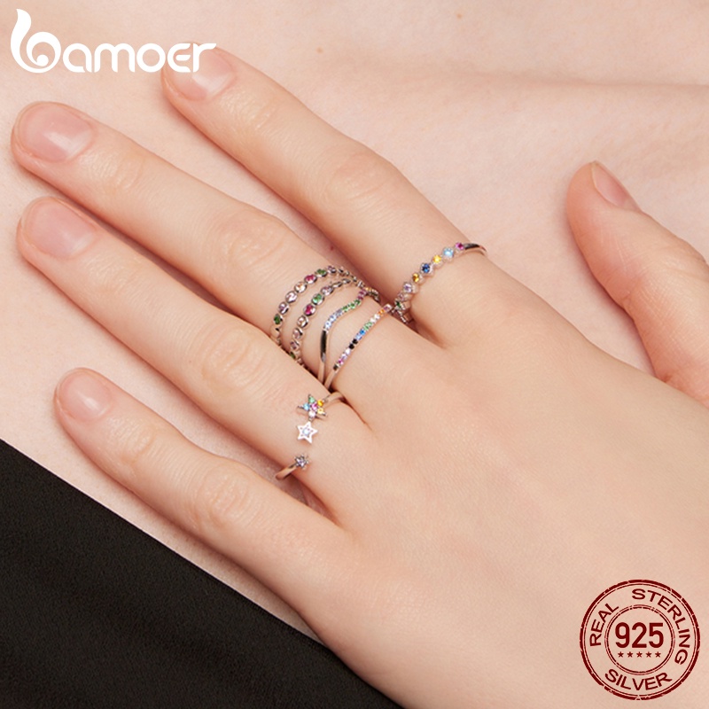 Bamoer แหวน 925 สีเงินรูปแบบเพทายผู้หญิงแฟชั่นของขวัญ Jewellery SCR769
