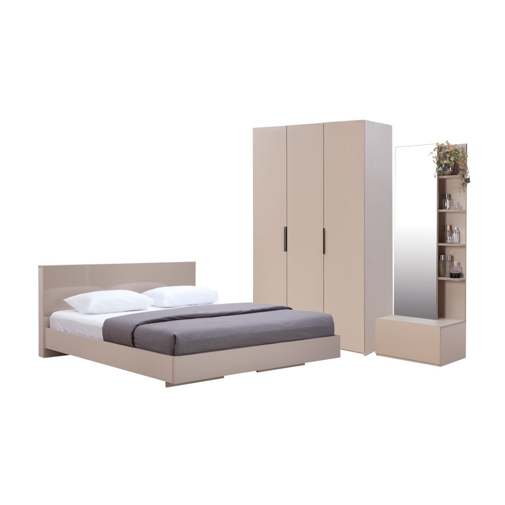 INDEX LIVING MALL ชุดห้องนอน รุ่นแมสซิโม่+แมกซี่ ขนาด 5 ฟุต (เตียงนอน(พื้นเตียงซี่), ตู้เสื้อผ้า 3 บาน, โต๊ะเครื่องแป้ง) - สีหินทราย