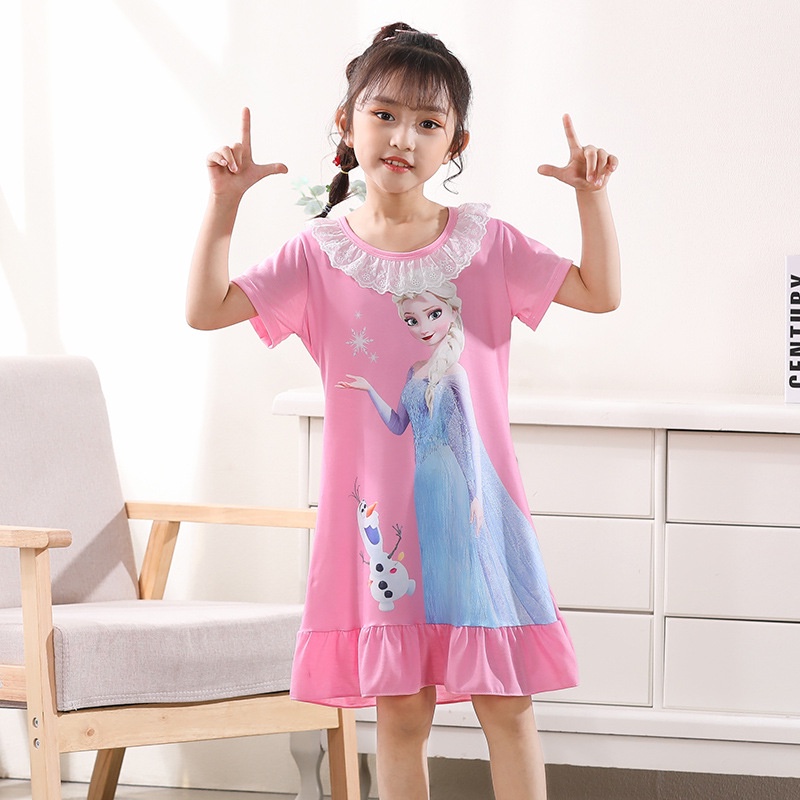 【YAOEENH】90-150 ซม. เด็ก แขนสั้น ชุดนอน กลาง เด็กเล็ก เจ้าหญิง ชุดนอน ชุดบ้าน เด็กผู้หญิง ผ้าฝ้าย ระบายอากาศ ดูดซับเหงื่อ Re