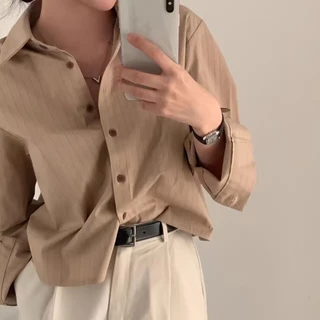 เสื้อเชิ้ตแขนยาว คอโปโล ทรงหลวม ลายทาง แบบเรียบ สไตล์เกาหลี สําหรับผู้หญิง