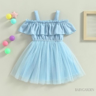 Babygarden-6m-4y ชุดเดรส เปิดไหล่ แต่งระบาย สีพื้น สีฟ้า แฟชั่นฤดูร้อน สําหรับเด็กผู้หญิง