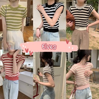 Elves✨พร้อมส่ง✨เสื้อถักไหมพรมแชนสั้นคอกลม ลายทางน่ารักเบาบางใส่สบาย ~63045~