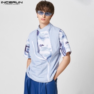 Incerun เสื้อเชิ้ตแขนสั้น พิมพ์ลายภูมิทัศน์ แฟชั่นสําหรับผู้ชาย