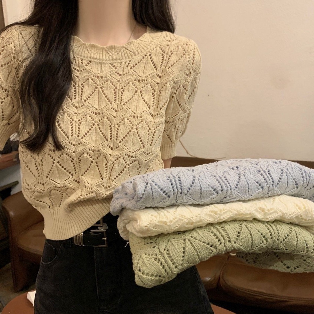 10233#สินค้าใหม่ เสื้อกันหนาว แขนสั้น ผ้าถักโครเชต์ ฉลุลาย สไตล์เกาหลี เหมาะกับฤดูร้อน สําหรับผู้หญิง
