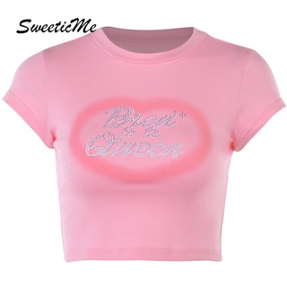 Sweeticme ใหม่ เสื้อยืดครอปลําลอง คอกลม แขนสั้น พิมพ์ลาย เซ็กซี่ แฟชั่นสําหรับสตรี 2023