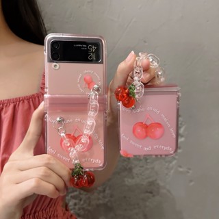 เคสโทรศัพท์มือถือ PC แข็ง กันกระแทก ลายเชอร์รี่ สีชมพู พร้อมสายโซ่คริสตัล สําหรับ Samsung Galaxy Z Flip 4 5G 3in1 Z Flip 3