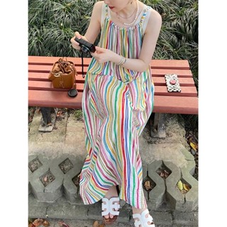 กระโปรงยาวแขนกุดลายทางแนวตั้งสีรุ้งย้อนยุค🌈ชุดเดรสสายเดี่ยวเปิดหลังซ้อนกันสำหรับวันหยุดฤดูร้อนของผู้หญิง🏝️