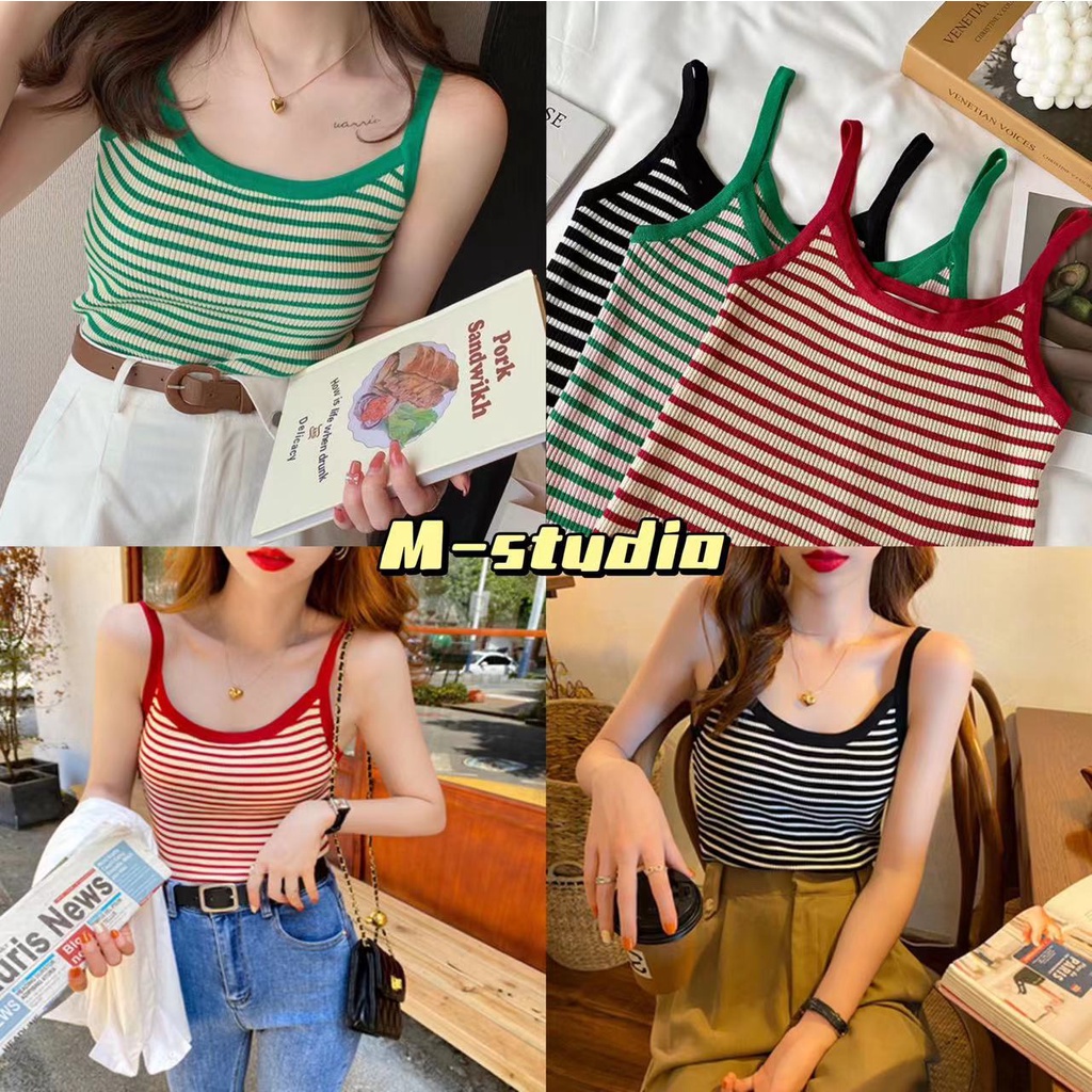 Maze*พร้อมส่ง*เสื้อไหมพรมสายเดี่ยว คอยู ลายทาง สไตล์เกาหลี เหมาะกับฤดูร้อน (77019)