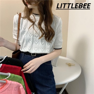 LITTLEBEE #32003 คอกลมเสื้อยืดไหมพรมแขนสั้น ผ้านิ่มใส่สบาย ฟรีไซส์ มาการองสี ลายหัวใจ