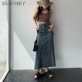 DaDuHey🎈 New Korean Style Ins Retro Washed Denim Skirt High Waist Loose A- line Skirt Large Size Bag Hip Skirt