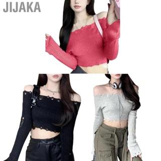 Jijaka Women Long Sleeve Top  Short Style Off Shoulder Top Bottoming Shirt Delicate Texture Sweat Absorption  for Daily Leisure