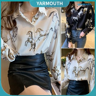 Yyr-- เสื้อคาร์ดิแกนแขนยาว คอปก พิมพ์ลายม้า ทรงหลวม แฟชั่นฤดูใบไม้ผลิ สําหรับผู้หญิง