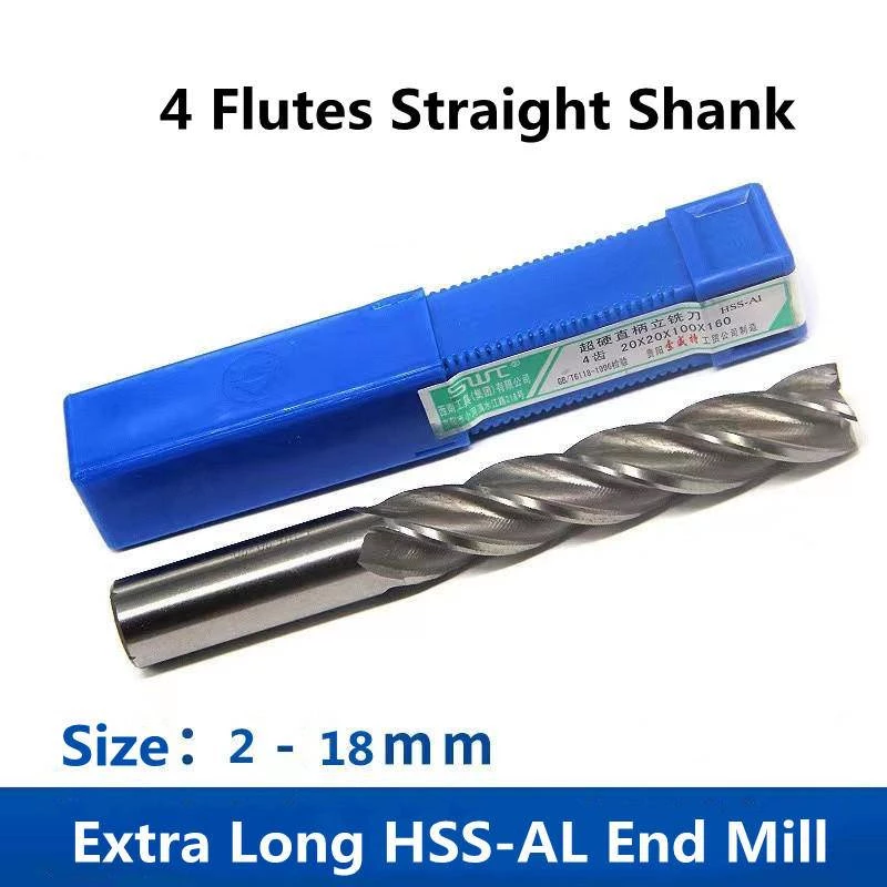 ดอกกัดมิลลิ่ง HSS-AL CNC ก้านตรง 4 แฉก เส้นผ่าศูนย์กลาง 2/3/4/6/8/10/12 มม. 16 มม. 18 มม. ยาวพิเศษ 1 ชิ้น