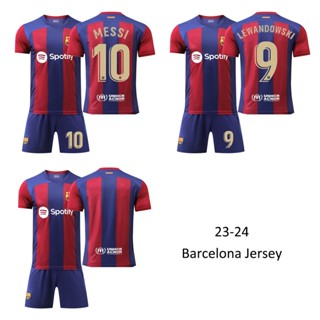 เสื้อกีฬาแขนสั้น ลายทีมชาติฟุตบอล FC Barcelona No.10 Messi No.9 Lewandowski เบอร์ 23-24 แฟชั่นฤดูร้อน สําหรับผู้ชาย