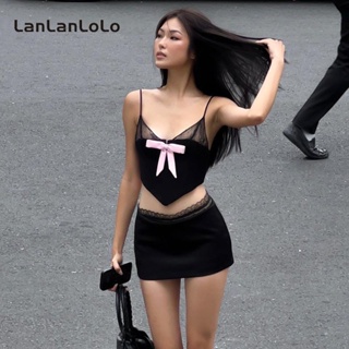 Lanlanlolo เสื้อสายเดี่ยวลําลอง ผ้าตาข่าย ประดับโบว์ สีพื้น เซ็กซี่ สําหรับผู้หญิง 2023