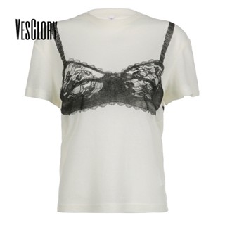 Vesglory เสื้อยืดลําลอง แขนสั้น คอกลม พิมพ์ลายลูกไม้ ทรงหลวม แฟชั่นสําหรับสตรี 2023