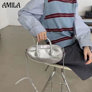 AMILA กระเป๋าหิ้ว Saddle Bag สีเงินวินเทจ กระเป๋าสะพายข้างทั้งหมด วัสดุพียู การออกแบบเฉพาะ ความเรียบง่ายสไตล์คนเมือง เป็นที่นิยม