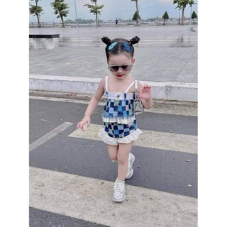 💜พร้อมส่ง💜ชุดเด็กผู้หญิง 2 ชิ้นตารางฟ้าดำ น่ารัก