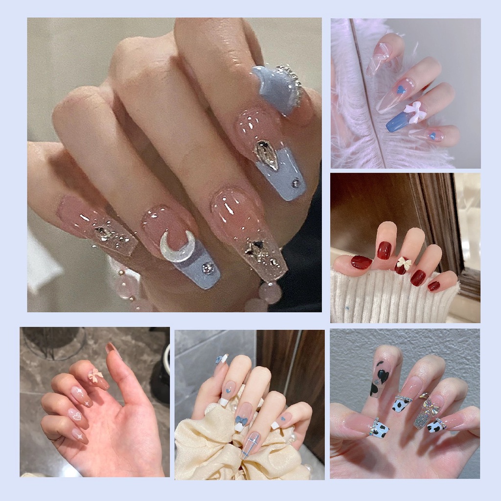 （เครื่องมือให้อาหาร）เล็บแฟชั่น เล็บปลอม ชนิดอะคริลิค สไตล์ฝรั่งเศส สีขาว ชมพู 24 ชิ้น