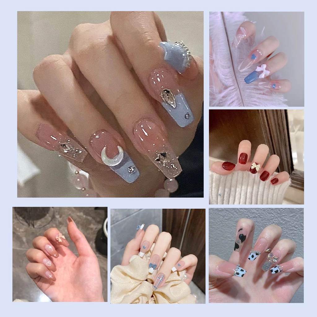 (เครื่องมือให้อาหาร)เล็บแฟชั่น เล็บปลอม ชนิดอะคริลิค สไตล์ฝรั่งเศส สีขาว ชมพู 24 ชิ้น