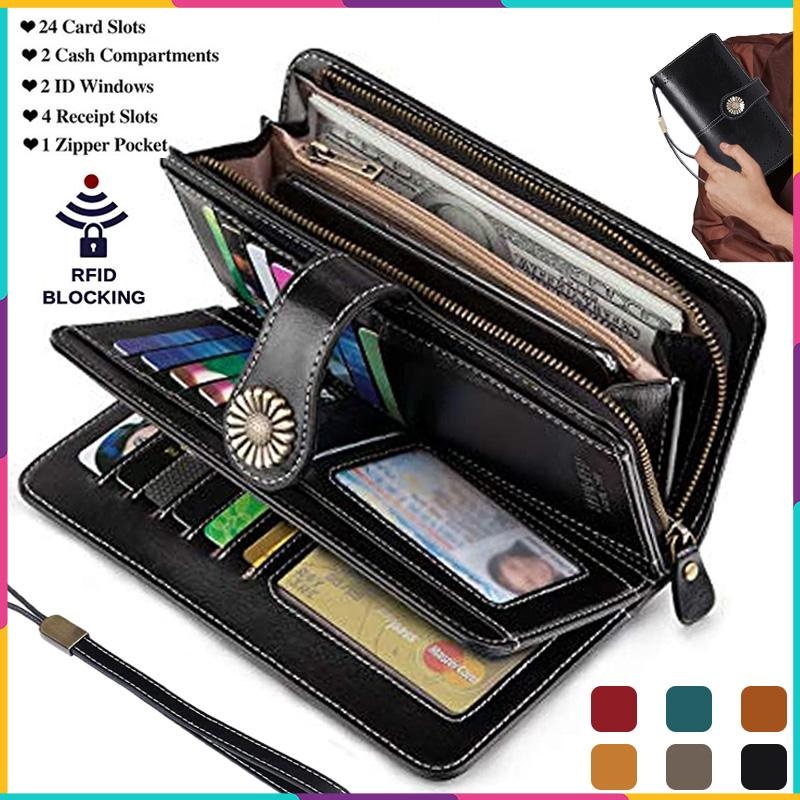 Rfid กระเป๋าสตางค์ ใบยาว หนังแท้ มีซิป จุของได้เยอะ สไตล์วินเทจ แฟชั่นสําหรับสตรี 2 แบบ