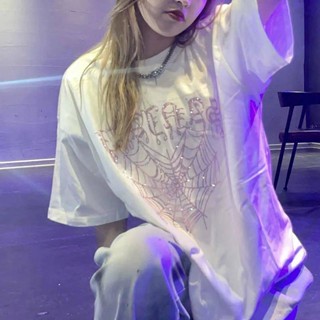 【TG-youzan】 100% Pure Cotton 2023 Hot Rhinestone Love Spider Web Logo Short Sleeve Ins Couple T-shirt Loose All-Match National Fashion Brand EOSD