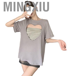 Mingxiu Striped Tube Top  Short Sleeve Shirt Round Neck Pullover Skin Friendly Cut Out Comfortable Medium Length 2 Piece for Summer Travel