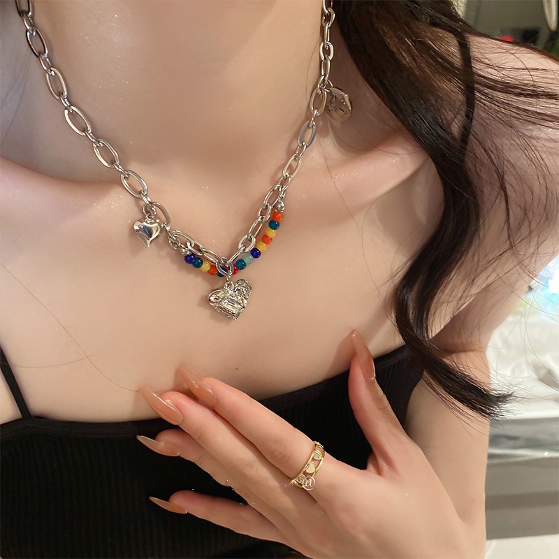 Roselife INS สร้อยคอโซ่ สเตนเลส จี้ลูกปัดหัวใจ หลากสี อินเทรนด์ สไตล์พังก์ เครื่องประดับ สําหรับผู้หญิง