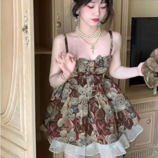 ชุดเดรสเจ้าหญิง ประดับโบว์ ลายหมีน้อย สไตล์ฝรั่งเศส วินเทจ แฟชั่นฤดูร้อน