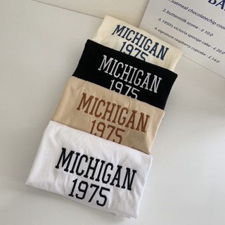 S114 เสื้อยืด oversize ผ้าคอตตอน สไตล์มินิมอล ปัก MICHIGAN 1975