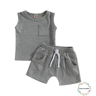 Babyclothes- เสื้อกล้ามแขนกุด สีพื้น พร้อมกระเป๋าเต้านม และกางเกงขาสั้นลําลอง สําหรับเด็กผู้ชาย