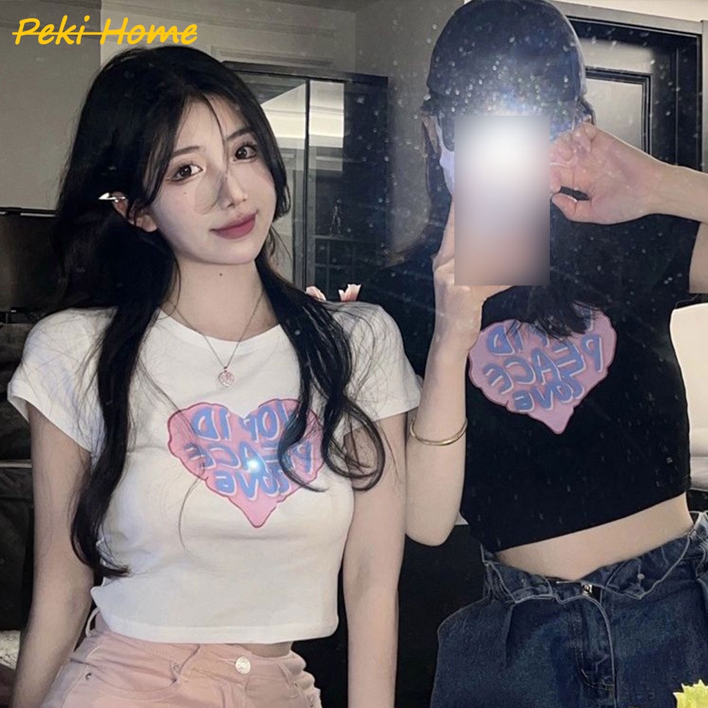 🌟เสื้อยืดครอปแขนสั้นสาวอวบผู้หญิง ทรงเข้ารูป เสื้อผ้ามินิมอลสไตล์เกาหลี เสื้อเอวลอยวัยรุ่นน่ารักๆ แฟชั่น พิมพ์ลาย