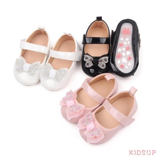 Kidsup1- รองเท้าแมรี่เจน พื้นแบน กันลื่น ประดับโบว์ พลอยเทียม สไตล์เจ้าหญิง สําหรับเด็กผู้หญิง