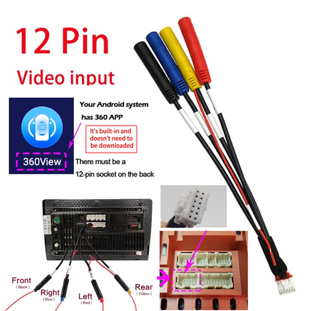 อะแดปเตอร์สายอินพุตกล้อง 12pin สําหรับระบบนําทางมัลติมีเดีย กล้องแอนดรอยด์ 360 สําหรับรถยนต์