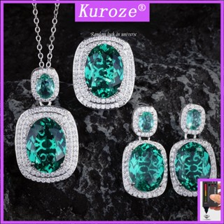 Kuroze เครื่องประดับแฟชั่น จี้มรกต หรูหรา สีเขียว ประดับเพชร สร้อยคอ แหวน ต่างหูยาว