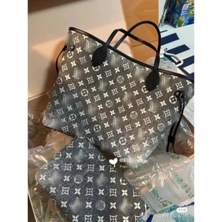 [Highest Version] Never full MM Denim nf Classic full Print Fabric Patchwork Cow Leather Trim Tote Bag กระเป๋าช้อปปิ้งกระเป๋าสะพายกระเป๋าถือผู้หญิงขนาดกลางแม่กระเป๋าเดินทางกระเป๋าสนามบินกระเป๋าพร็อพกระเป๋าคู่รุ่นดอกไม้ ตัวนับซิงโครไนซ์