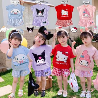 ชุดเสื้อยืดแขนสั้น พิมพ์ลาย Hello Kitty Kuromi Melody Cinnamon Dog Dobamine แฟชั่นฤดูร้อน สําหรับเด็กผู้หญิง