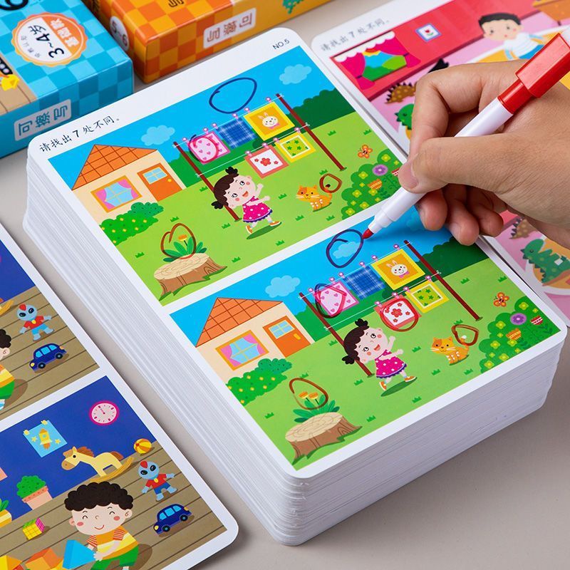 Puzzles Card Fun Finding Differences, hand-eye training educational games2-7-10 year old [Free Eraser Pen]