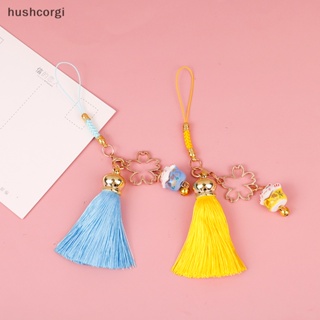 [hushcorgi] ใหม่ สายคล้องโทรศัพท์มือถือ ประดับพู่ ลายดอกไม้ เชอร์รี่ กระดิ่งแมว