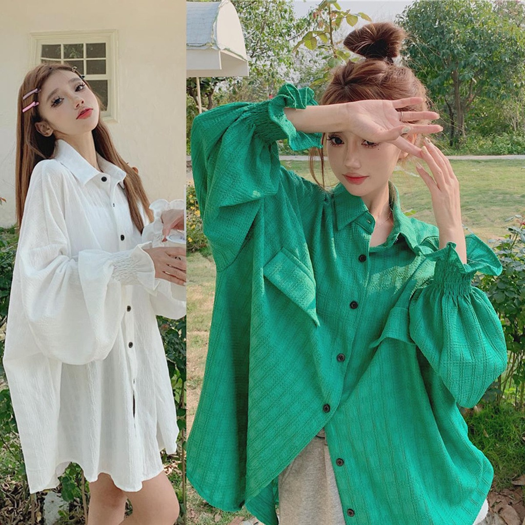 MIMI&DIDI*พร้อมส่ง*เสื้อคอปกแขนยาวผู้หญิง สไตล์เกาหลี ลายสก็อตเป็นแฟชั่นมาก แขนโคม เนื้อผ้านุ่มสบาย W252