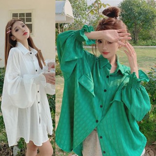 MIMI&amp;DIDI*พร้อมส่ง*เสื้อคอปกแขนยาวผู้หญิง สไตล์เกาหลี ลายสก็อตเป็นแฟชั่นมาก แขนโคม เนื้อผ้านุ่มสบาย W252