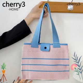 Cherry3 กระเป๋าถือลําลอง ผ้าถัก ลายทาง ความจุสูง แฮนด์เมด สําหรับนักเรียน