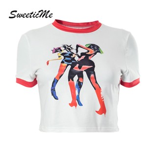 Sweeticme ใหม่ เสื้อยืดลําลอง คอกลม แขนสั้น พิมพ์ลาย ทรงสลิมฟิต แฟชั่นสําหรับสตรี 2023