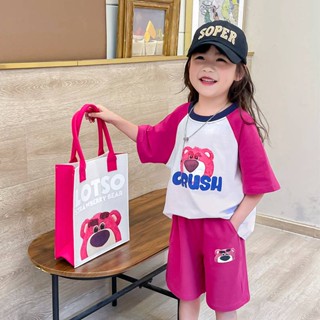 Cotton Girls Summer Suits 2023 New Medium and Large Childrens Casual Strawberry Bear Printed Contrast Color Short Sleeve Two-Piece Set f34q