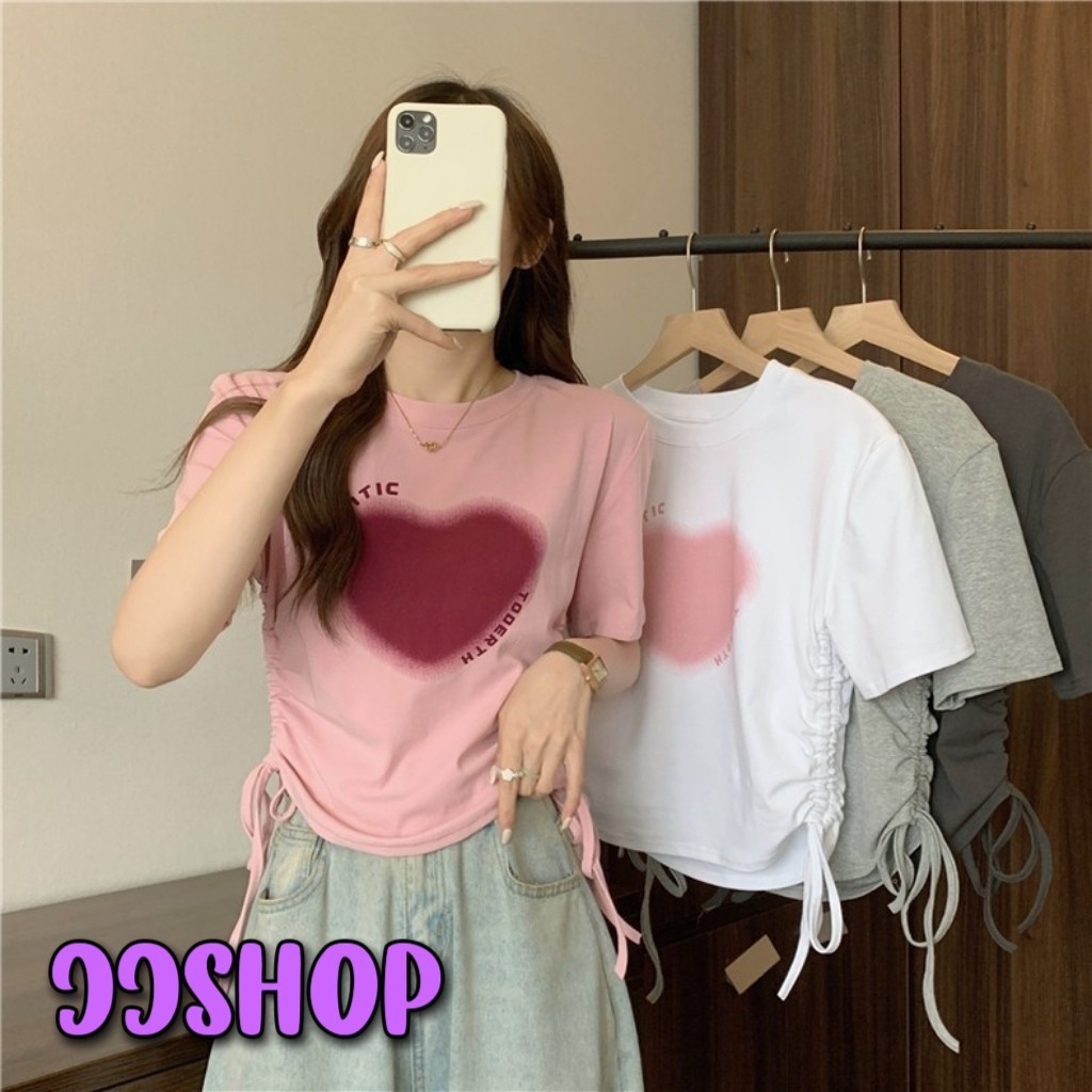 JJ Shop​ ​พร้อมส่ง เสื้อไหมพรมคอกลม แขนสั้นลายหัวใจ ดีเทลรูดข้าง "08008" -C